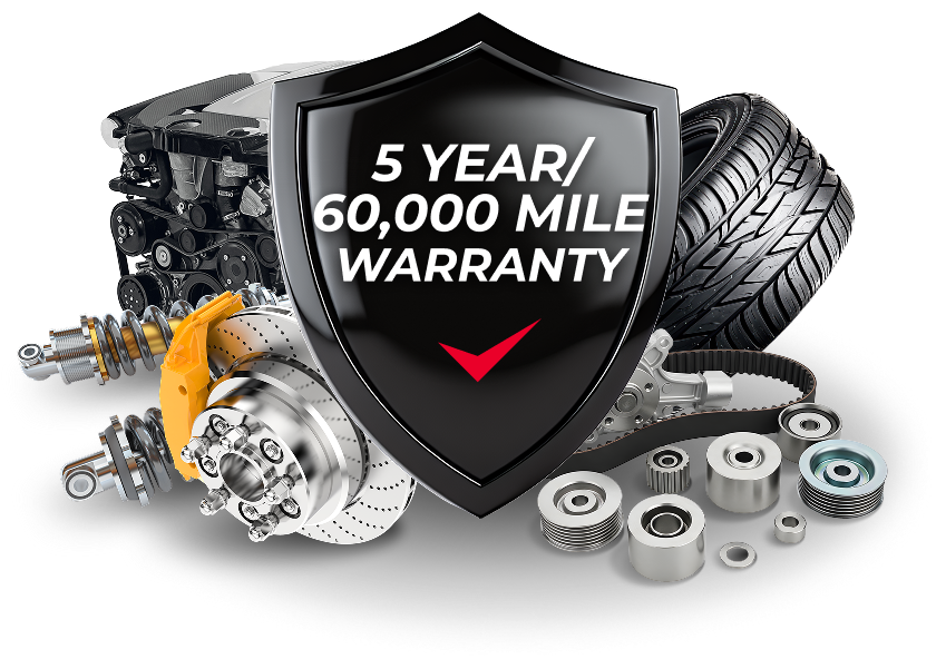 5 Year 60,000 Mile Warranty in Indianapolis, IN, black shield in front of various auto repair parts | Autohaus Merkle