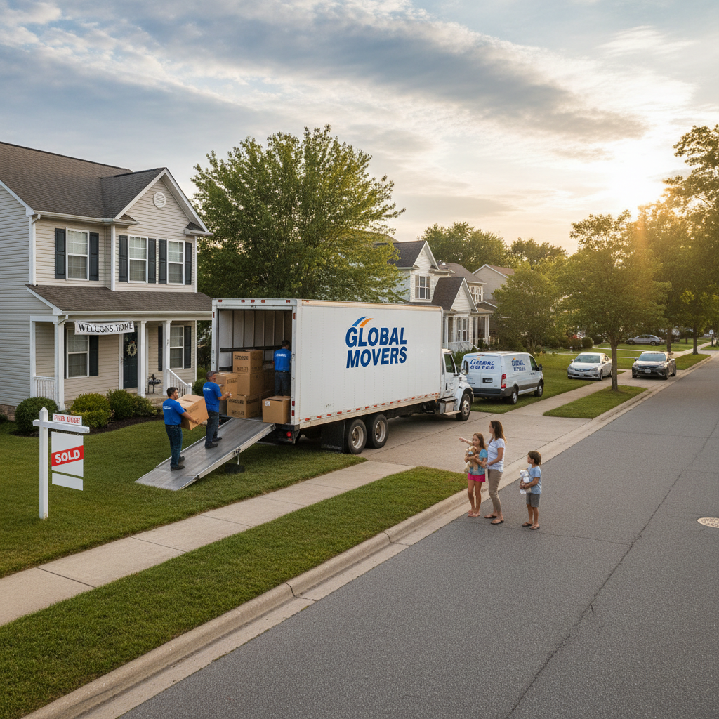 Moving truck labeled Global Movers parked by a suburban house as people carry boxes nearby.