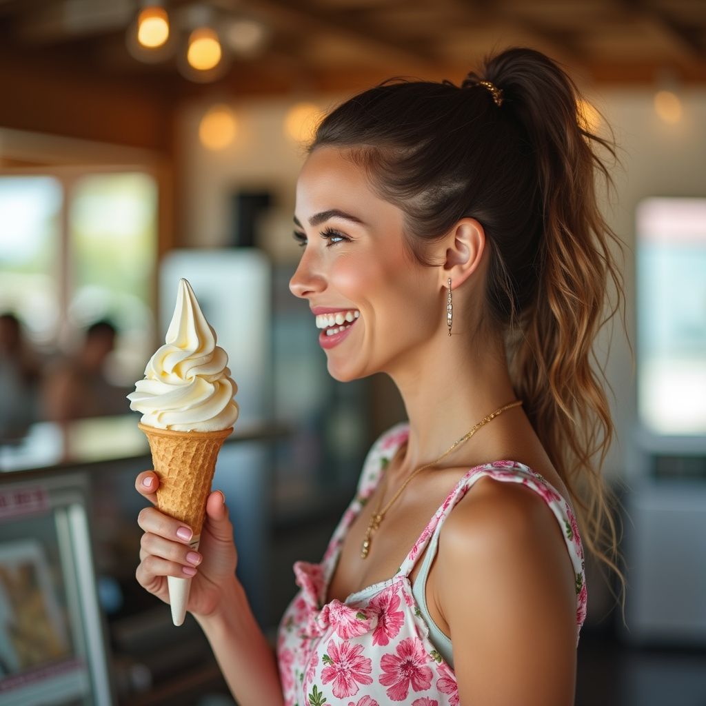 Woman smiling, holding a vanilla soft serve cone in a shop. She wears a floral top, has her hair in a ponytail.