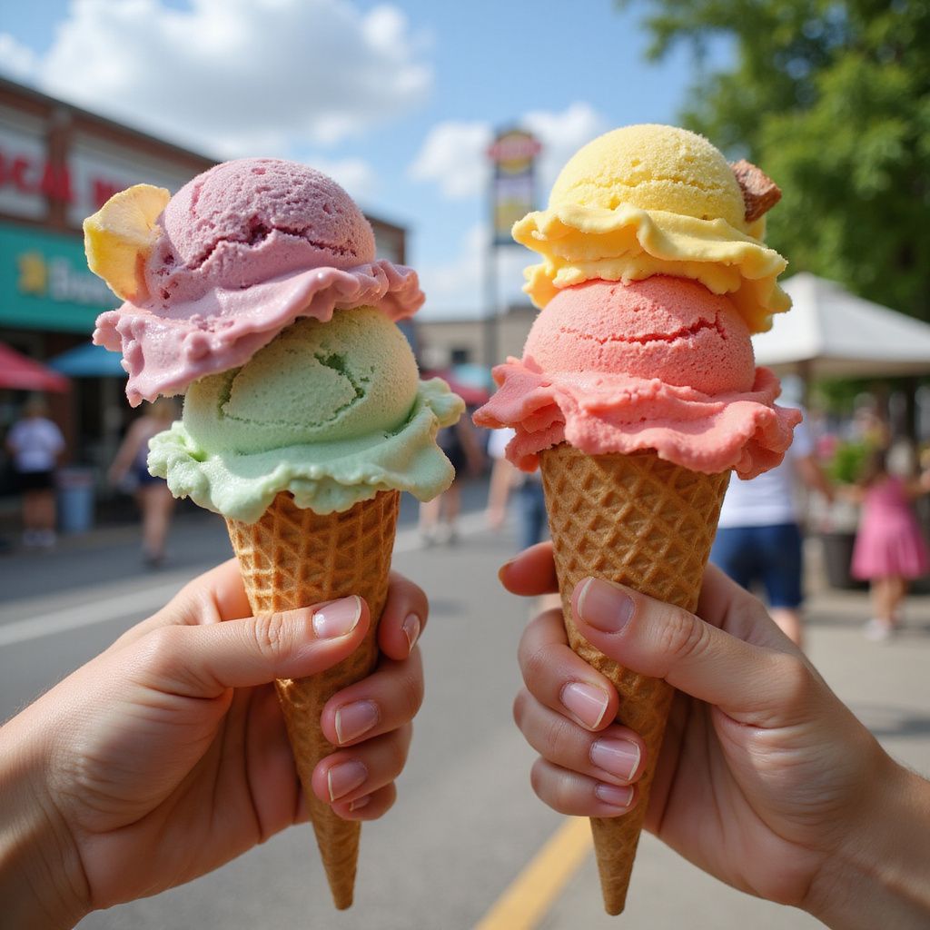 Two hands hold colorful ice cream cones on a sunny street with people in the background.