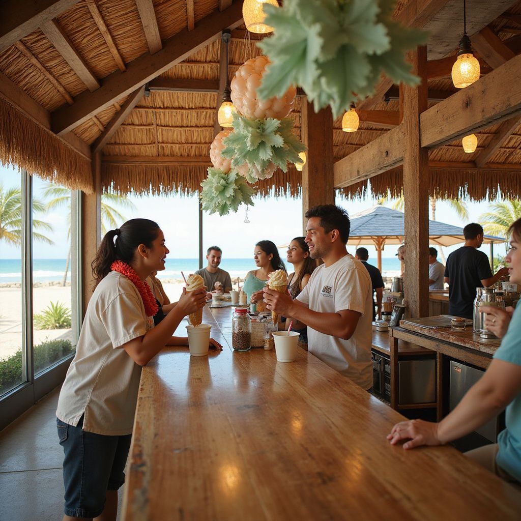 People enjoying ice cream at a beachfront bar. Wooden counter, thatch roof, ocean view.