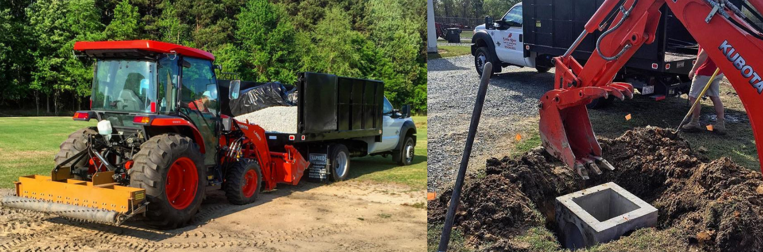 Red tractor with trailer and front attachment working in a muddy field beside an excavator digging a pit.