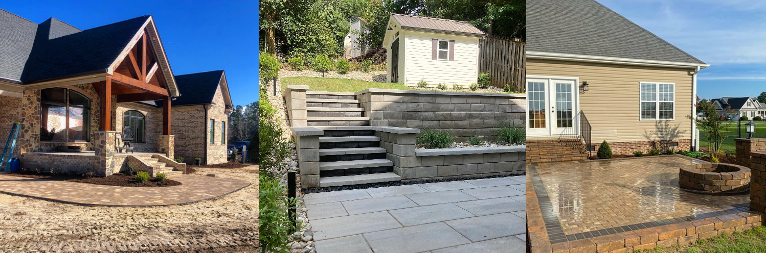 Three small houses with stone steps and driveways in a row, shown in a split comparison image.