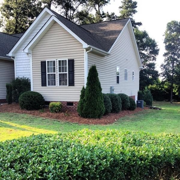 Small beige house with black shutters and a manicured lawn, surrounded by shrubs and trees.