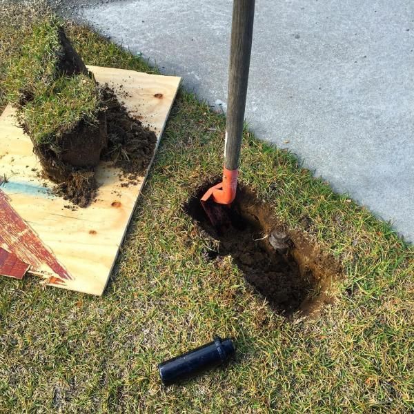 Hole dug in grass beside a sidewalk, with a shovel, turf chunk on plywood, and a blue tool handle.