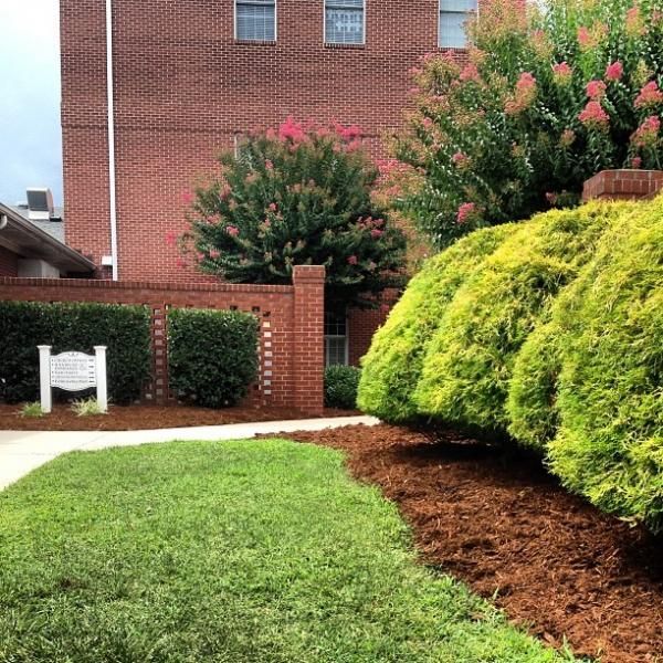 Landscaped brick courtyard with green lawn, shrubs, a brick wall, and a white bench sign