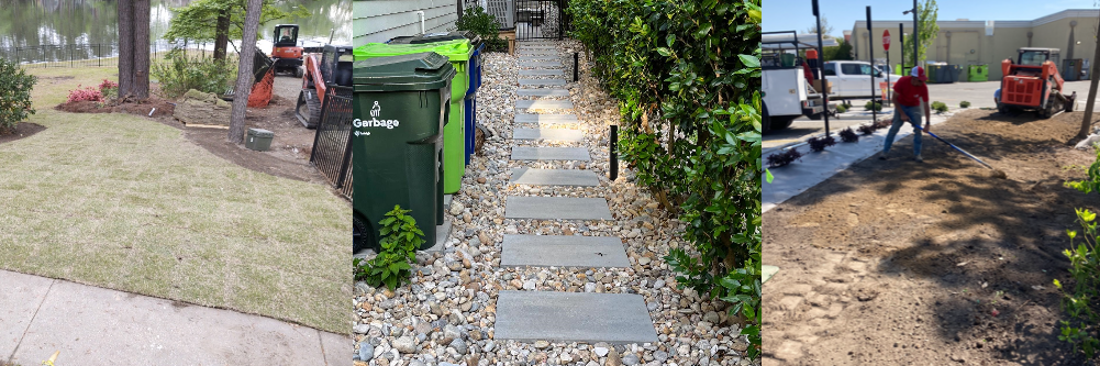 Three outdoor path repair scenes, including paving stones, workers, and a small red machine
