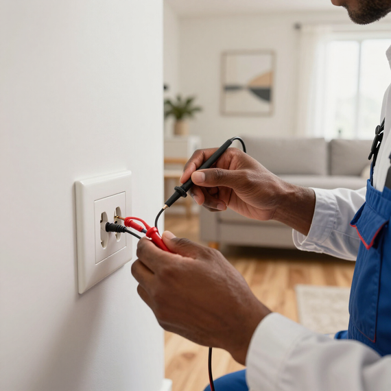 Electrician testing a wall outlet with a multimeter in a bright living room.
