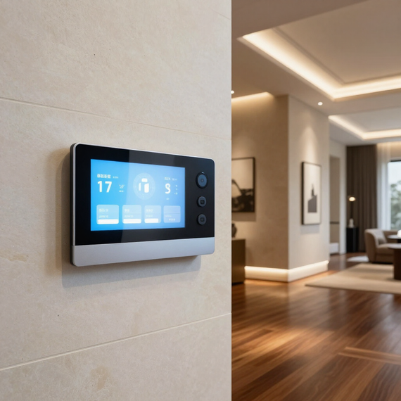 Wall-mounted smart thermostat with blue touchscreen in a modern living room corridor