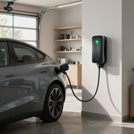 Electric car charging in a modern garage, connected to a wall-mounted charger with a green light.