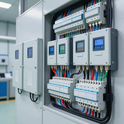 Electrical control panels with digital displays and wiring in a clean industrial room