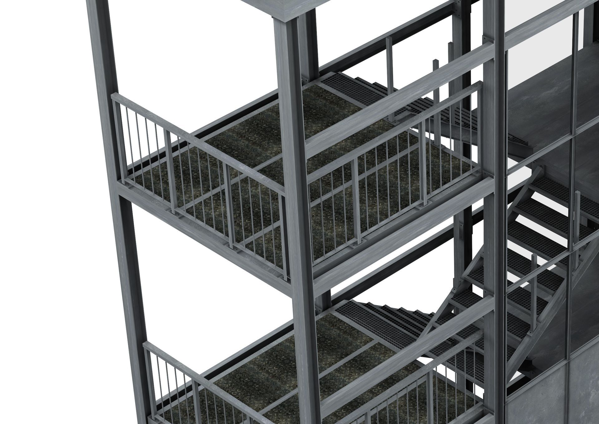 Ein 3D-Modell eines Gebäudes mit Treppe und Balkon.; MegaCAD