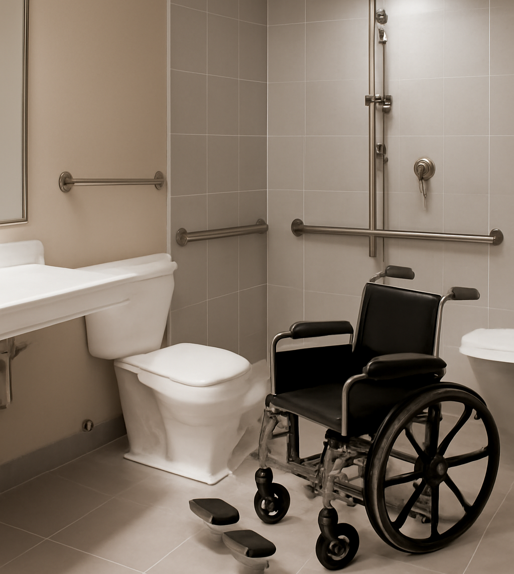 A bathroom with a toilet a sink and a wheelchair