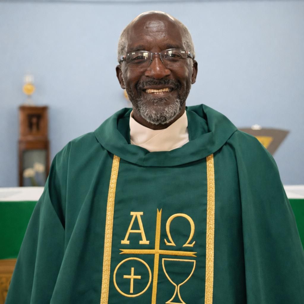 Smiling priest in green liturgical vestments with gold symbols, standing in a church.