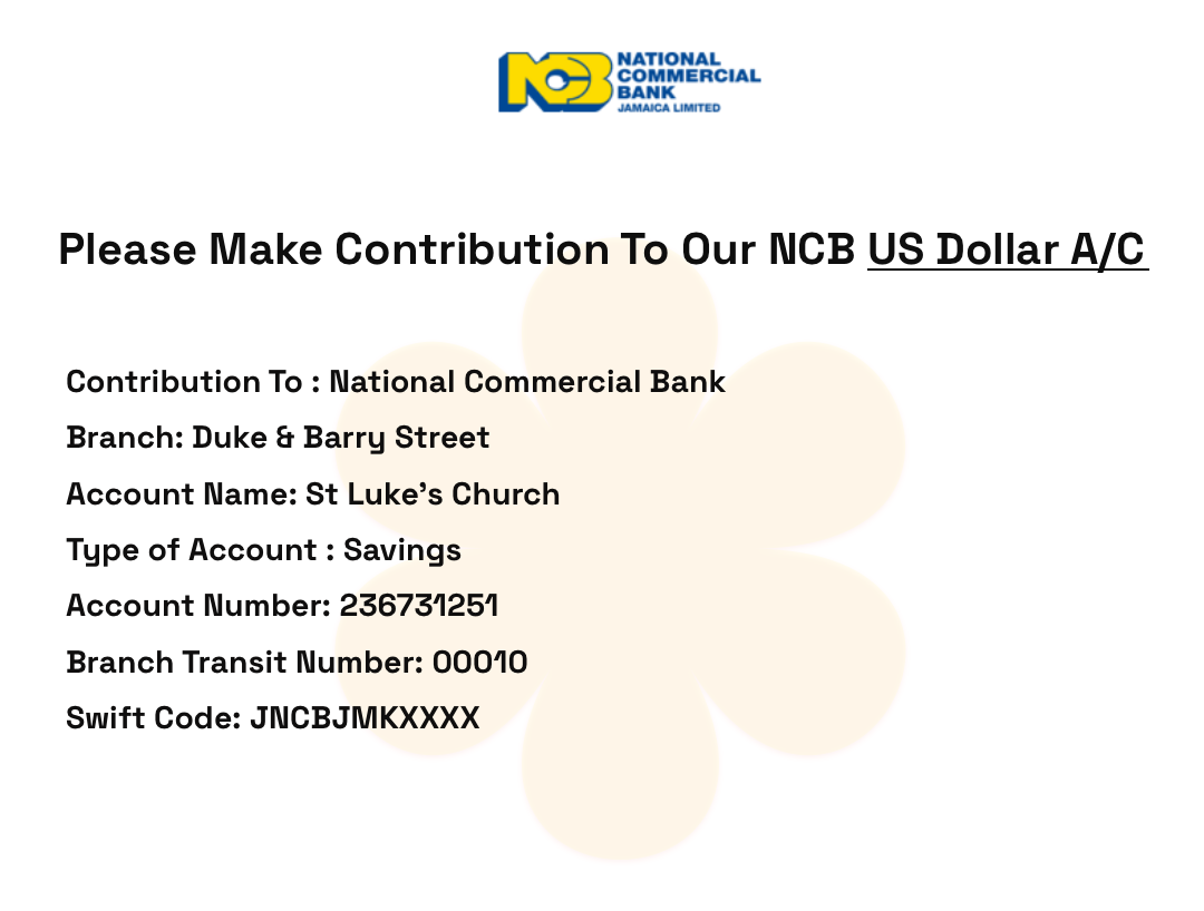 A sign that says please make contribution to our ncb us dollar a / c