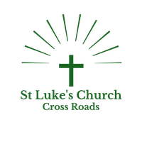 Red cross with radiating lines above “St Luke's Church Cross Roads” text on white background