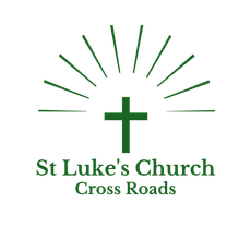 Red cross with radiating lines above “St Luke's Church Cross Roads” text on white background