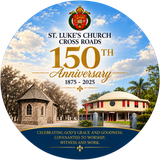 St. Luke’s Church Cross Roads 150th anniversary logo with church buildings and blue sky