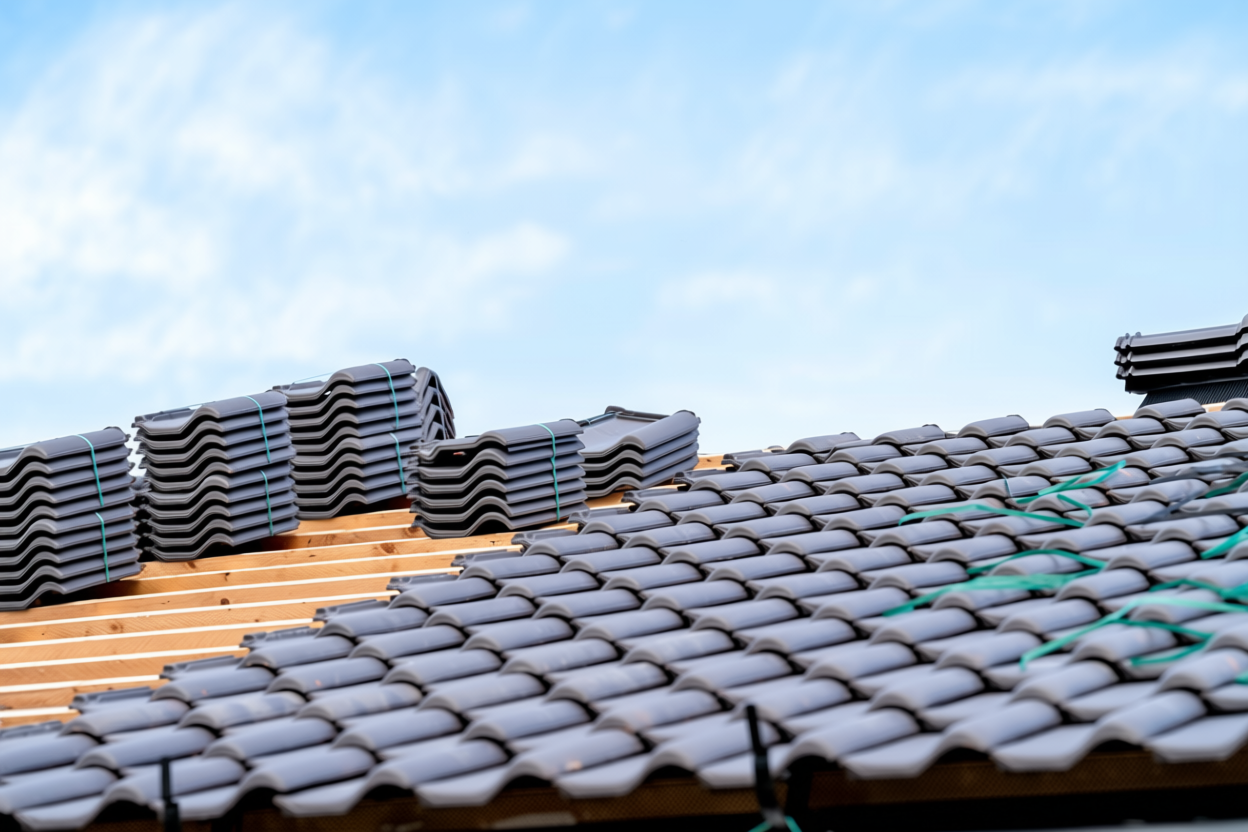 Roof with stacks of gray tiles being installed against a blue sky.