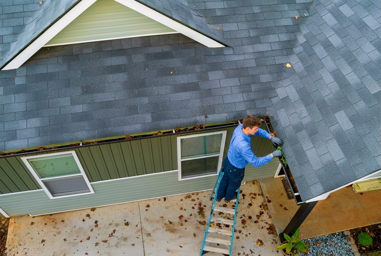 Person on ladder cleaning leaves from roof gutter.