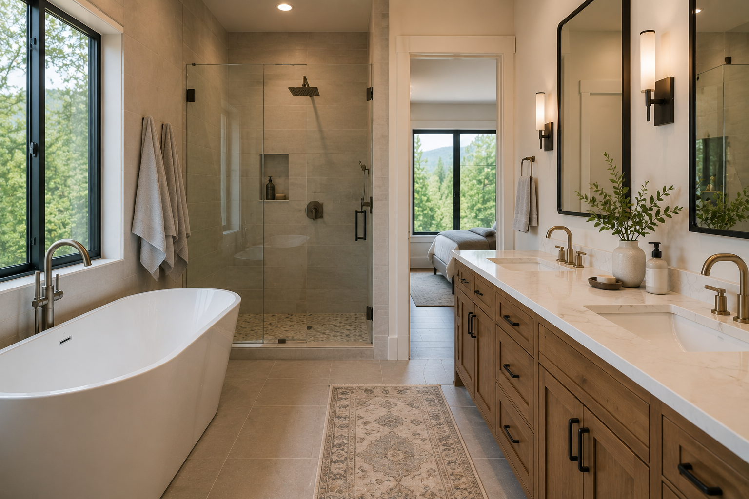Modern bathroom with freestanding tub, glass shower, double vanity, and neutral tones