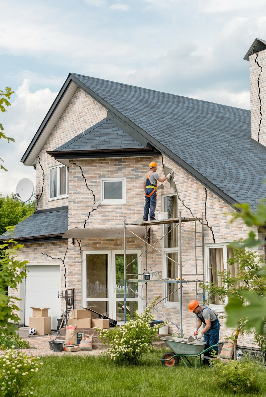 Two workers repairing a cracked brick house, one on scaffolding, one near a wheelbarrow.