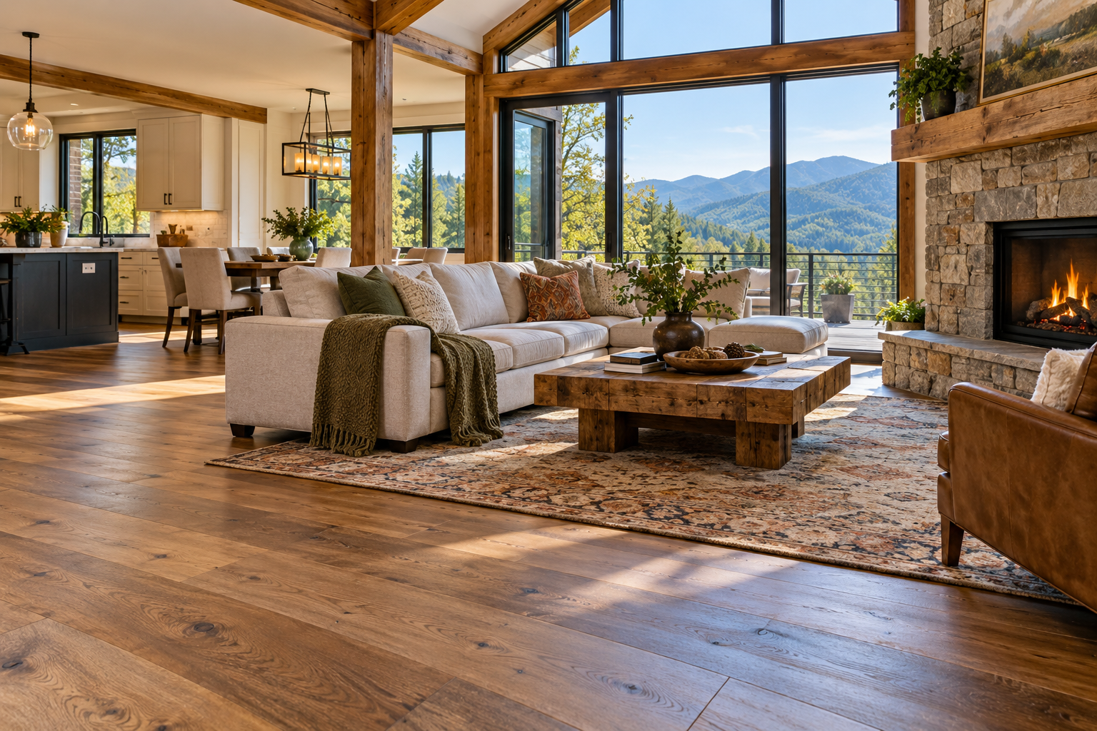 Spacious rustic living room with fireplace, large windows, wooden floors, and mountain views
