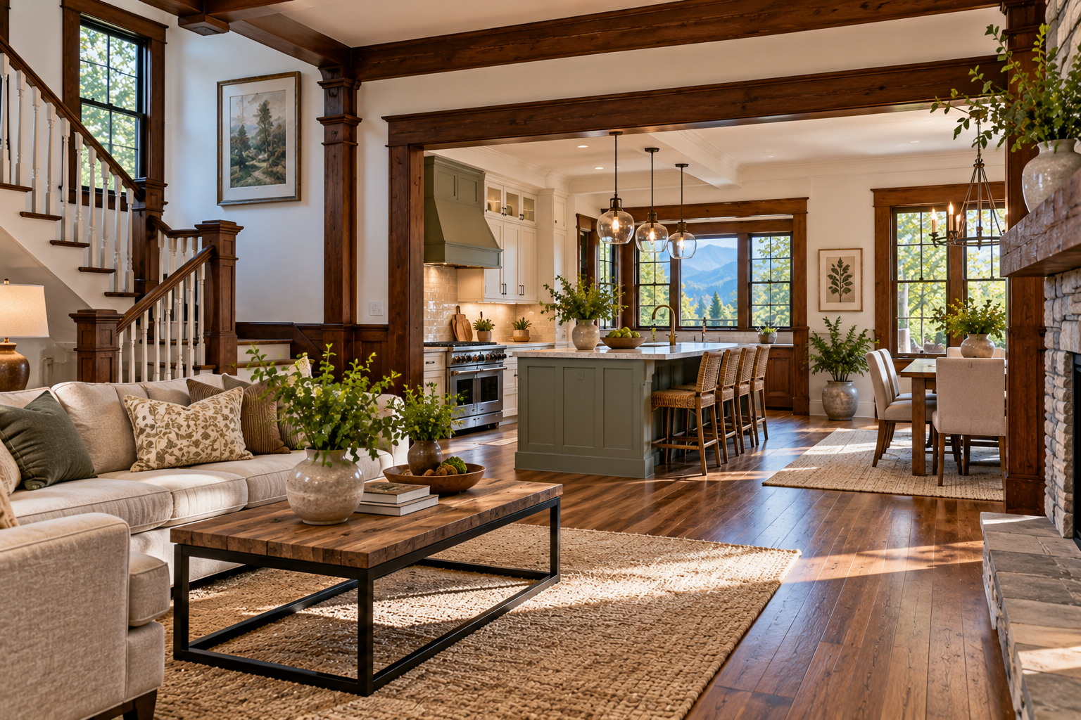 Bright open living room with wood beams, beige sofa, coffee table, and kitchen island in the background