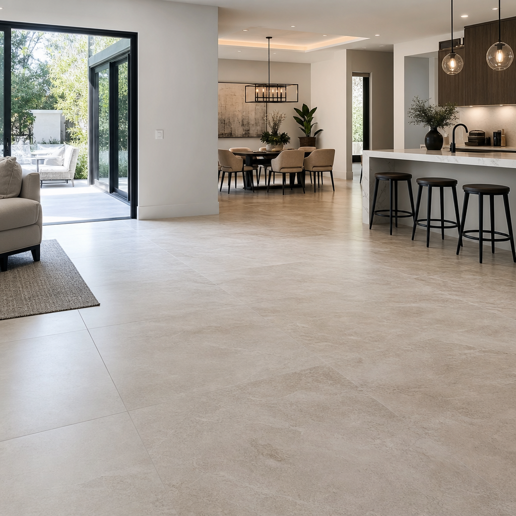 Modern open-plan living room and kitchen with tile floors, black bar stools, and large open doors.