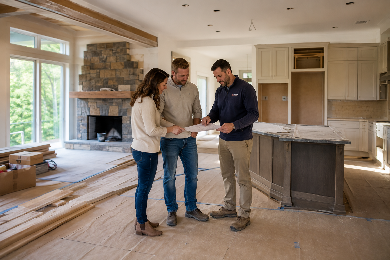 Three people review house renovation plans in an unfinished kitchen and living room.
