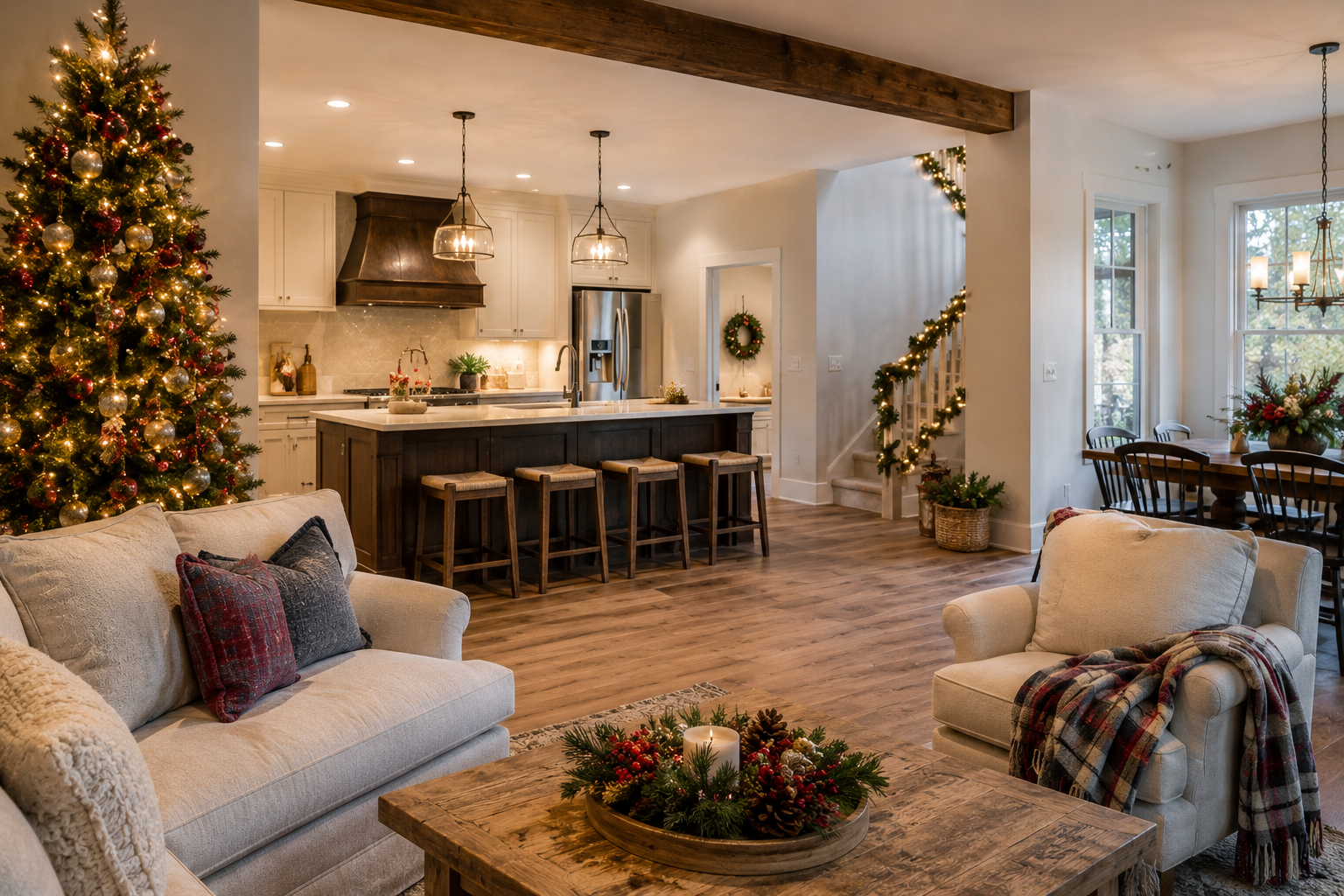Cozy living room with a lit Christmas tree, sofa, coffee table, and open kitchen in the background