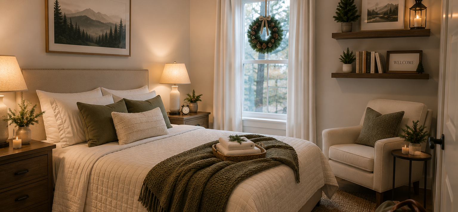 Cozy beige bedroom with a made bed, armchair, lamp, wall shelves, and a window with a wreath