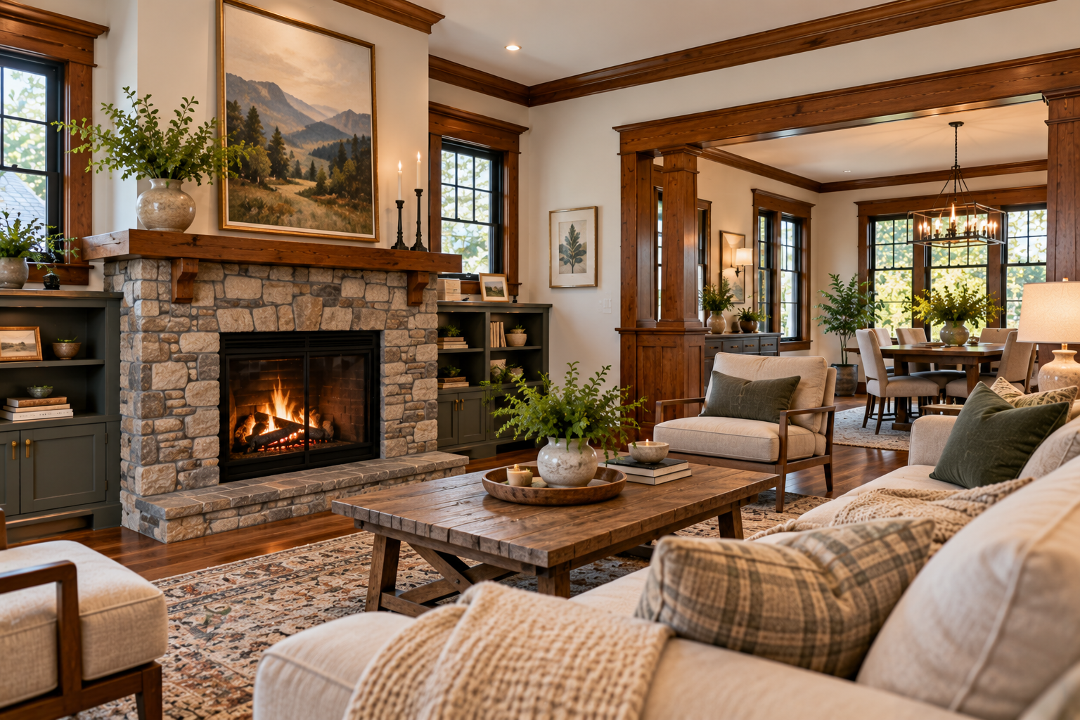 Cozy living room with stone fireplace, plaid sofa, wooden beams, and large windows