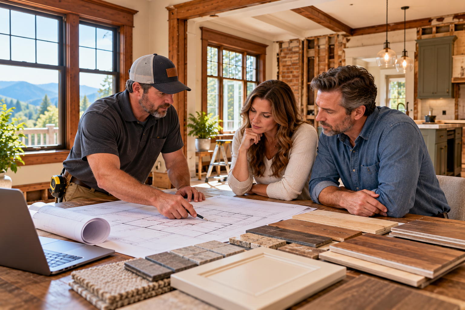 Three people reviewing home design plans at a table in a bright room with mountain views