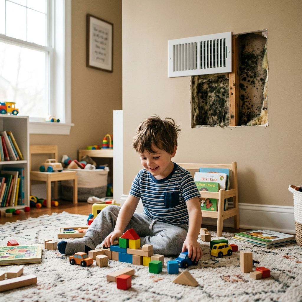 Child playing with colorful blocks on a living room floor, smiling near a vent with mold behind it.