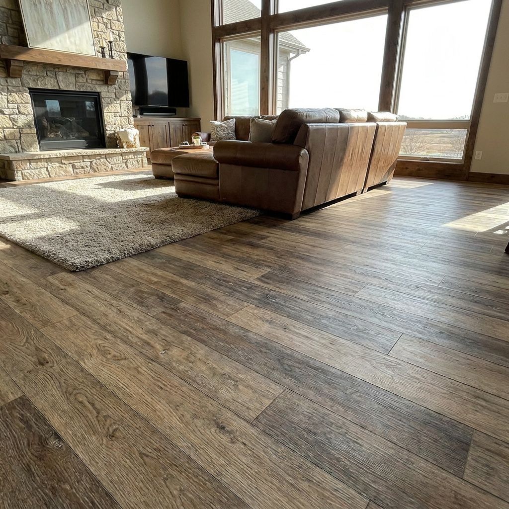 Bright living room with stone fireplace, brown sofa, and large windows over a patterned rug and hardwood floor