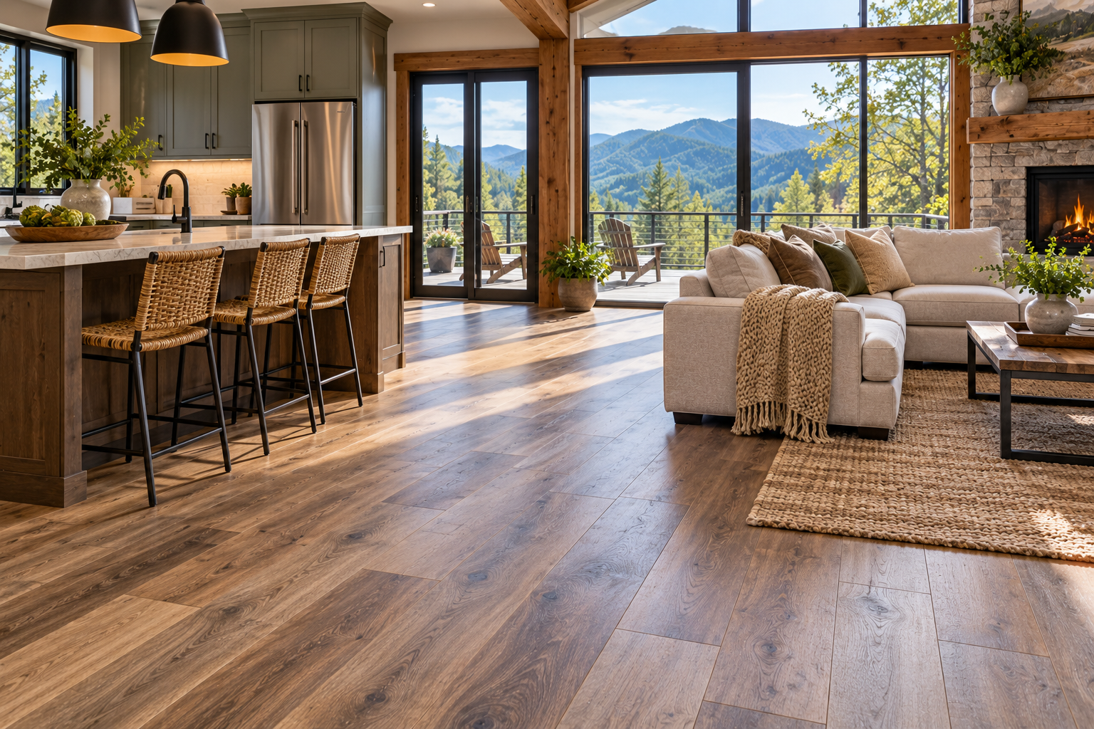 Spacious modern living room with mountain view, luxury vinyl plank floors, kitchen island, and neutral-toned sofa