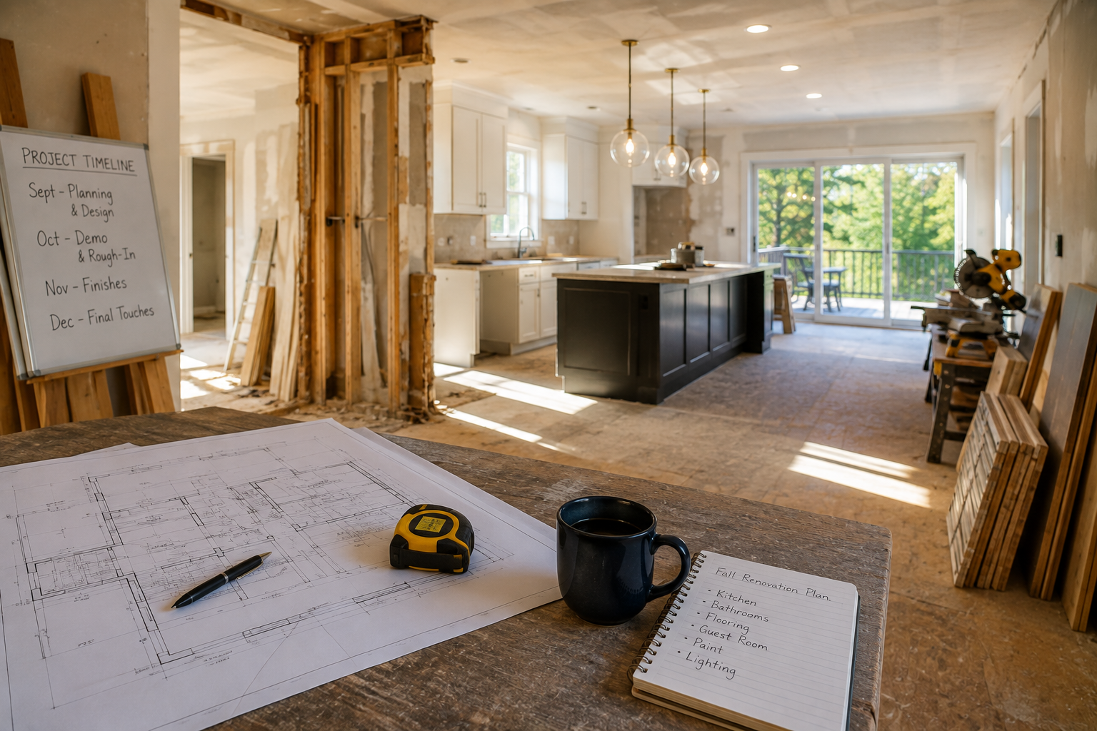 Sunlit kitchen under renovation with plans, measuring tape, tools, and stacked boards on the floor