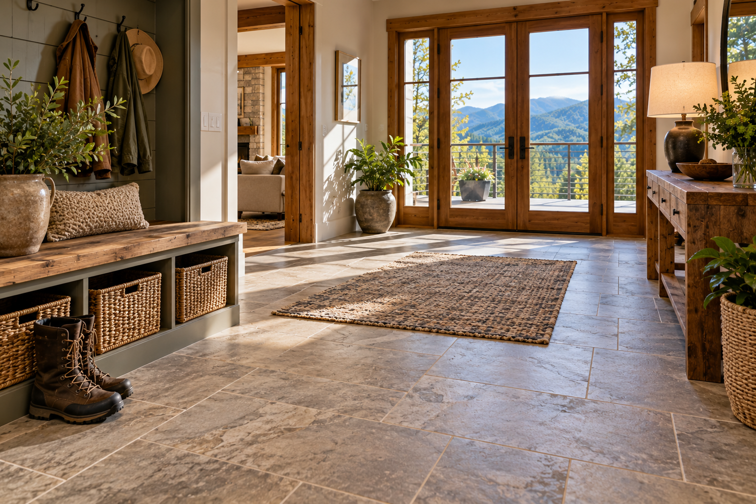 Rustic entryway with stone tile floor, woven bench, rug, and French doors opening to a mountain view