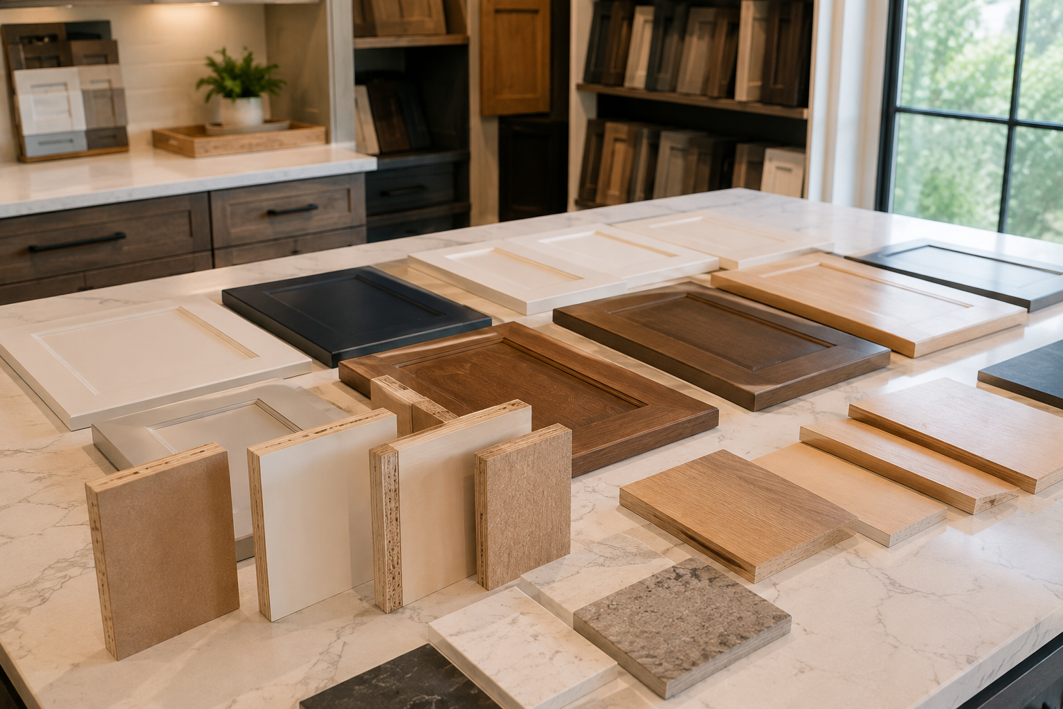 Sample countertop material swatches arranged on a kitchen island in a showroom.