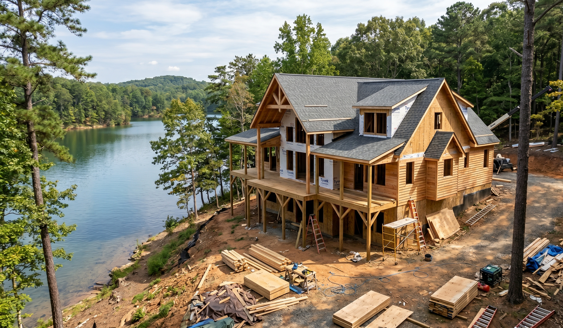 A wooden house under construction on a steep, wooded lot overlooking a lake.