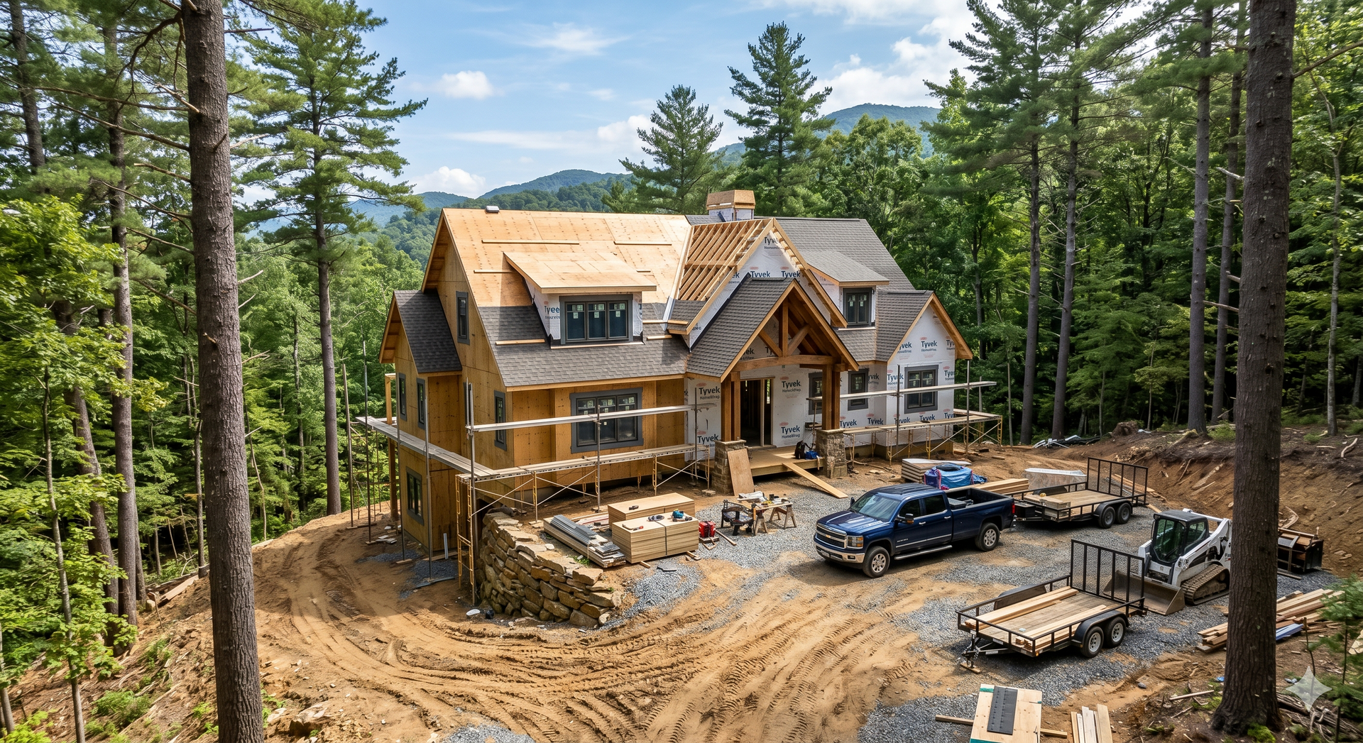 A lovely home is being built on a cleared wooded NC lot.