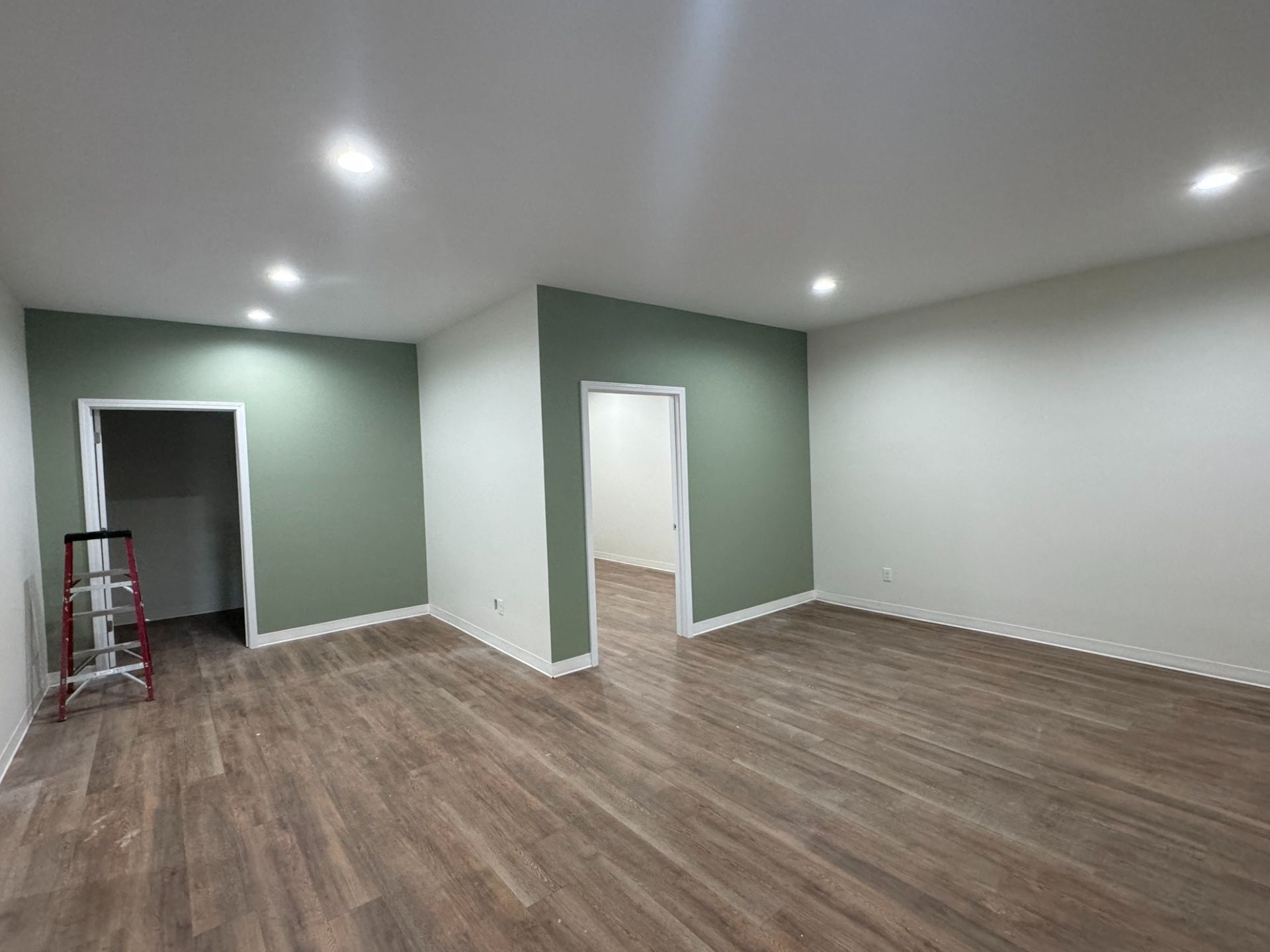 A room with wood-look flooring, light-colored walls, and two accent walls painted sage green, featuring two doorways.
