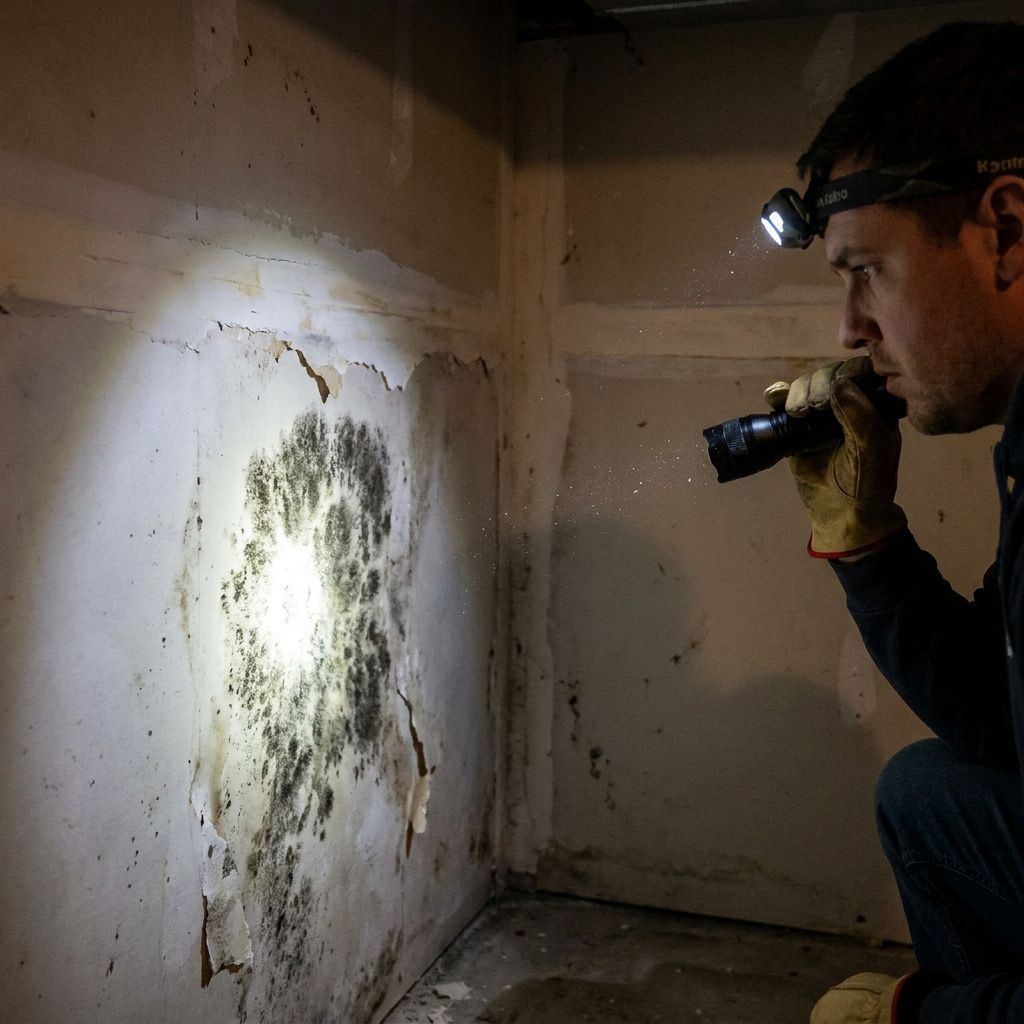 Person inspecting mold on a wall with a flashlight in a dim room