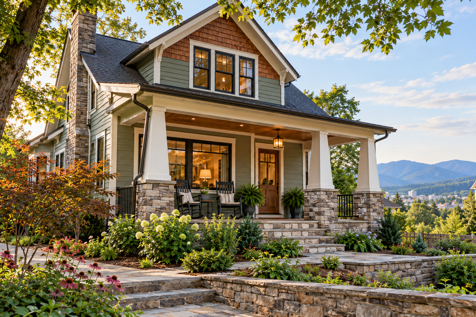 Stone cottage-style house with a front porch, landscaped garden, and mountain view at sunset