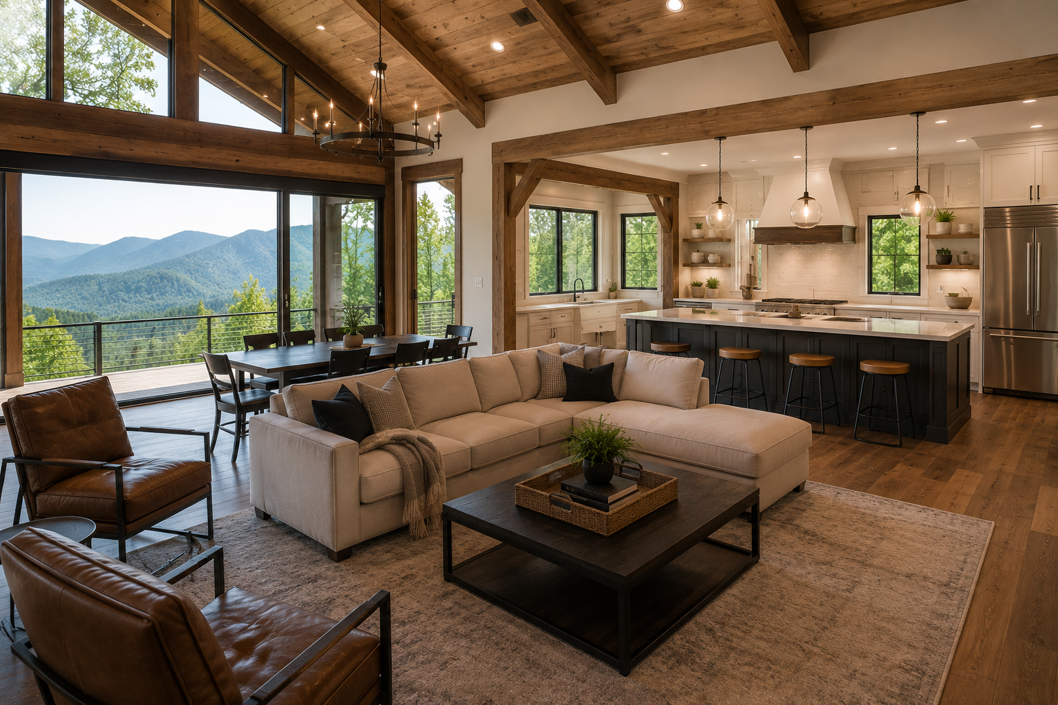 Open-plan rustic living room with mountain view, wood beams, beige sectional, and kitchen island