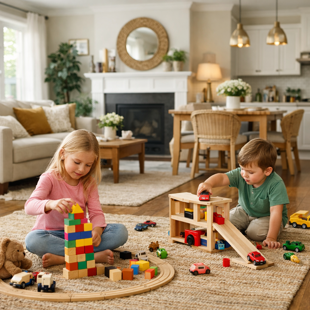 Children playing with colorful blocks on a rug in a bright living room