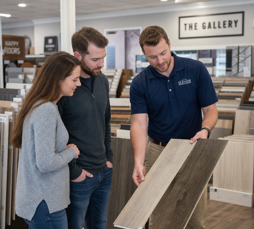 Three people examine flooring samples in a Foothills showroom.