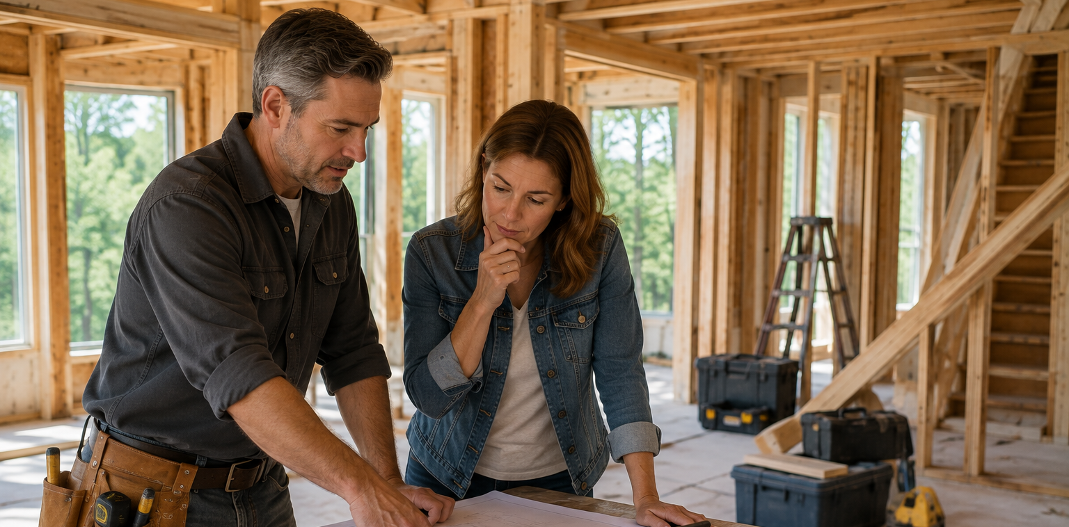 Two people reviewing plans at a workbench inside a house under construction