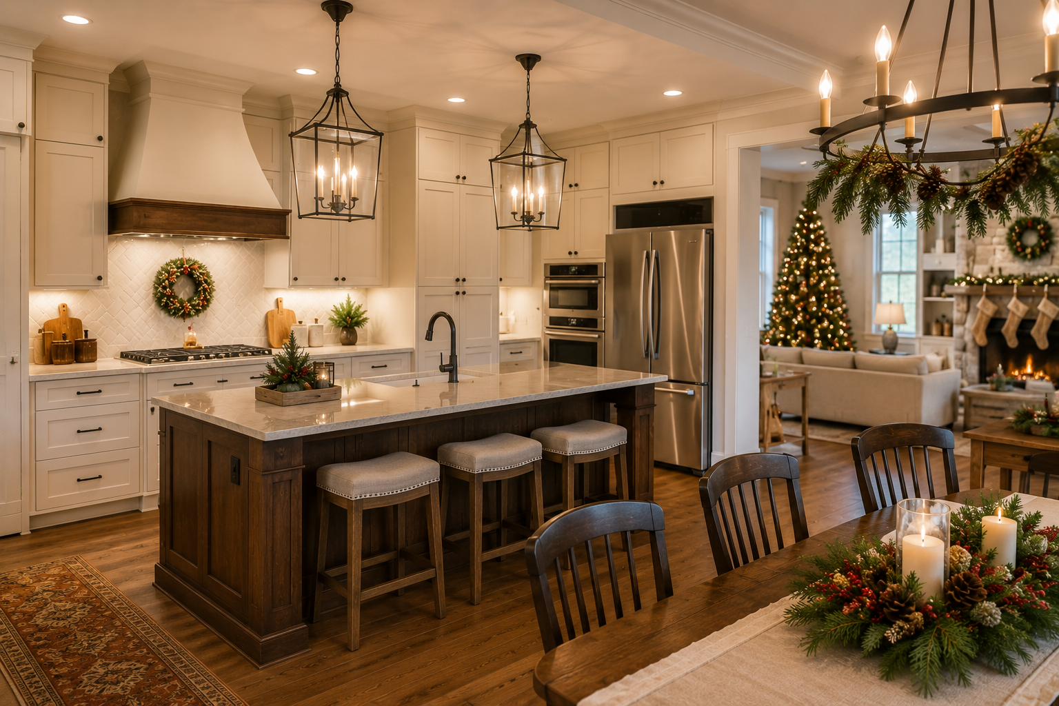 Warm farmhouse kitchen with island, pendant lights, barstools, and festive holiday decor